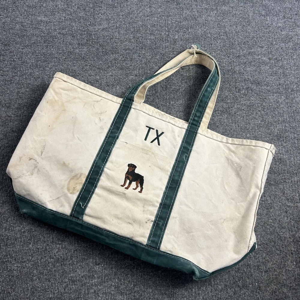 LL Bean Boat and Tote Bag Extra Large Natural Green Canvas Dog Monogram TX